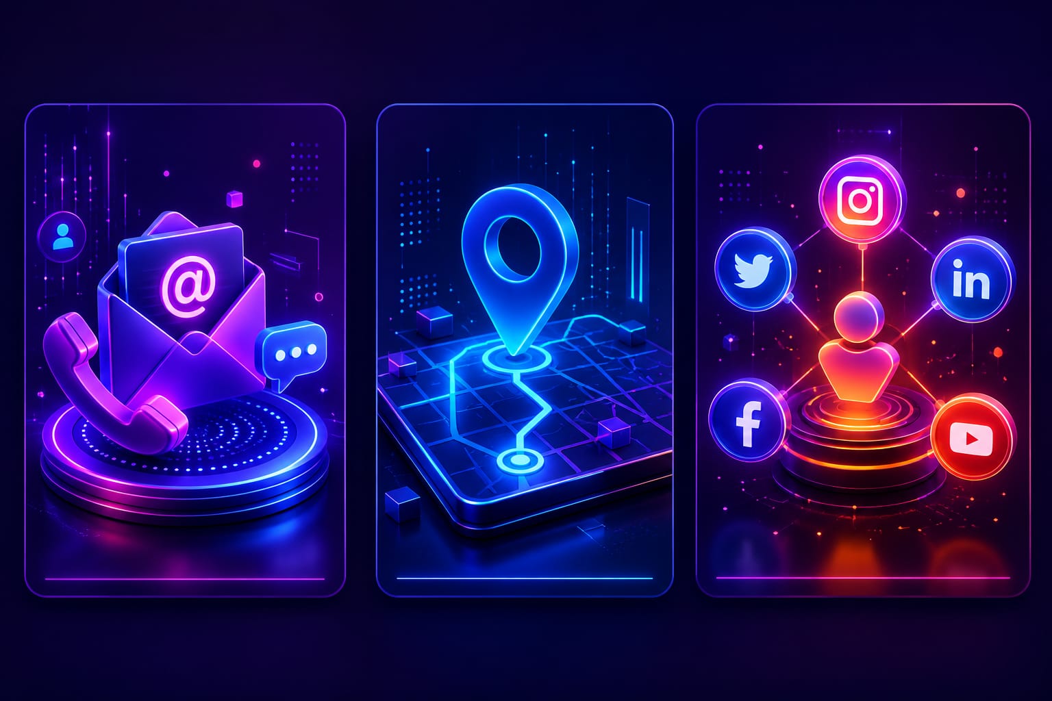 Neon 3D illustrations of email, phone, map location and social media channels