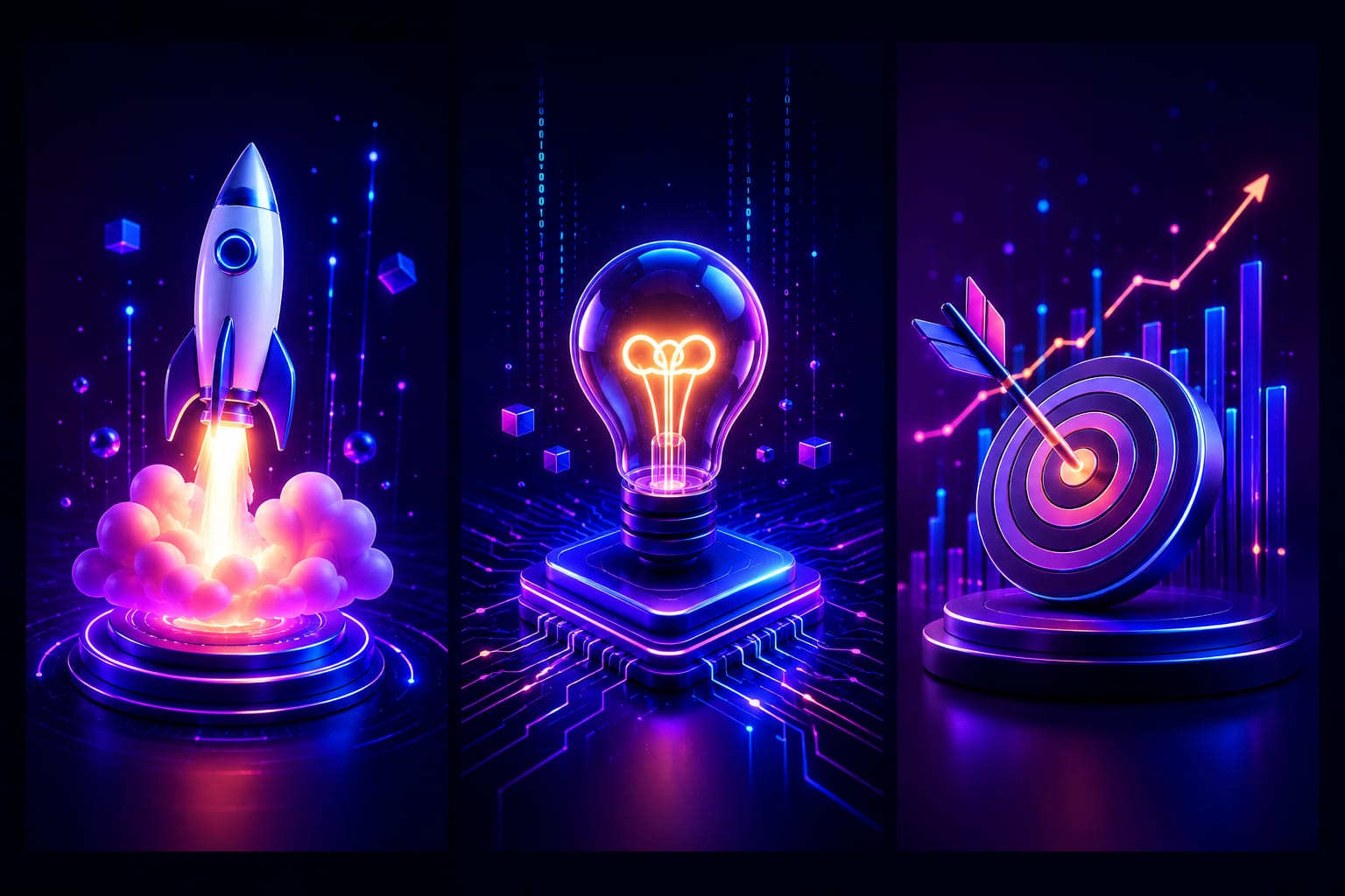 Neon 3D rocket launch, glowing lightbulb and target with rising growth chart