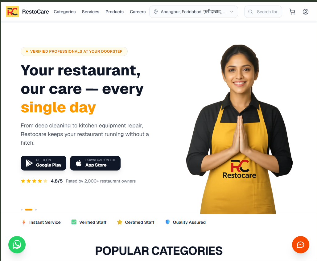RestoCare website — verified restaurant professionals at your doorstep